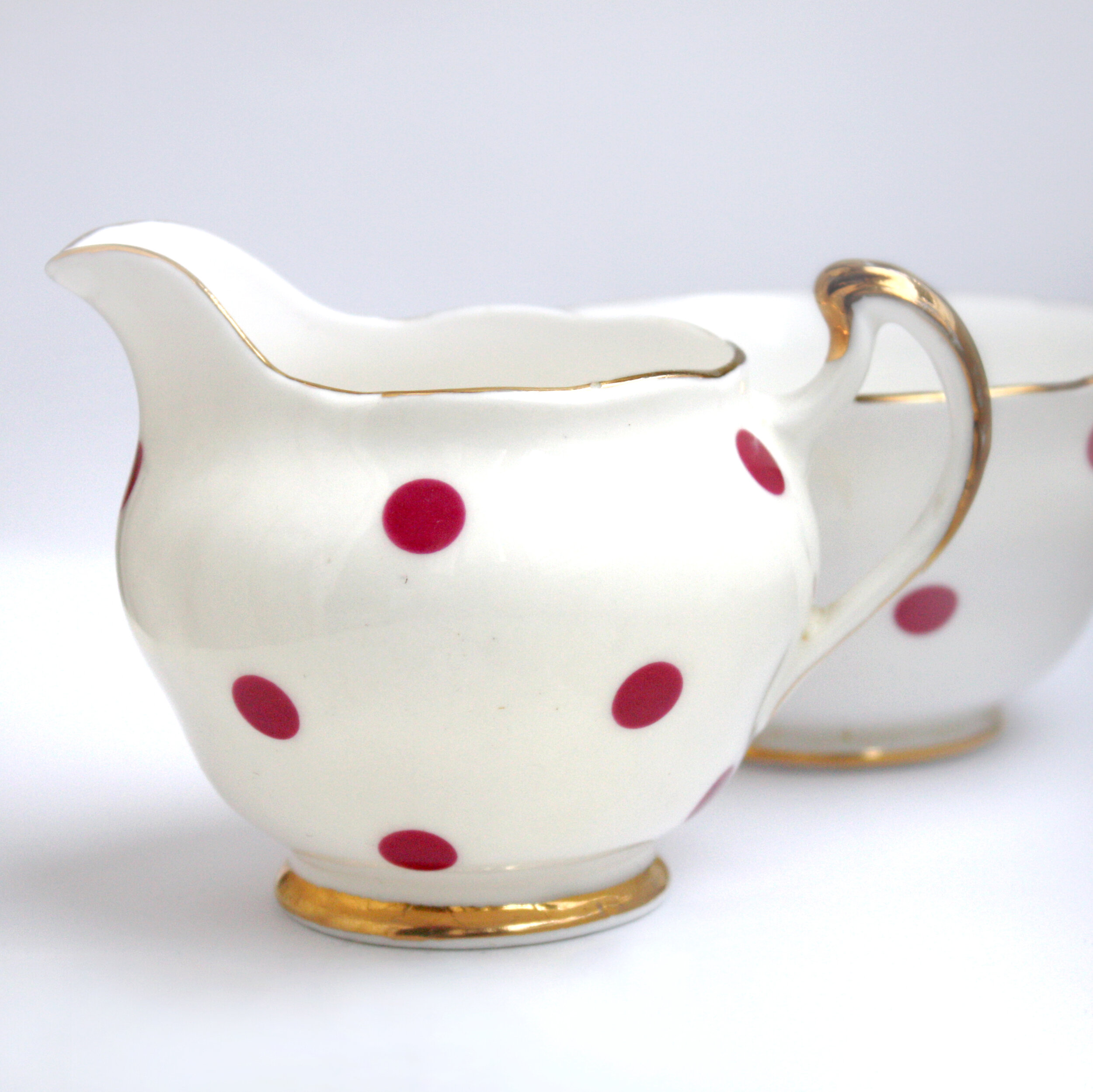 1950s Royal Vale Gilt Bone China Polka Dot Milk Jug &amp; Sugar Bowl