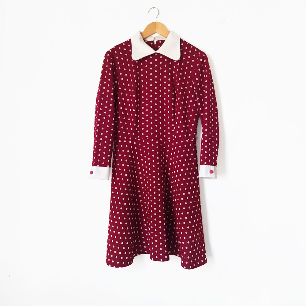 60s Burgundy Polka Dot Collared Shirt Dress
