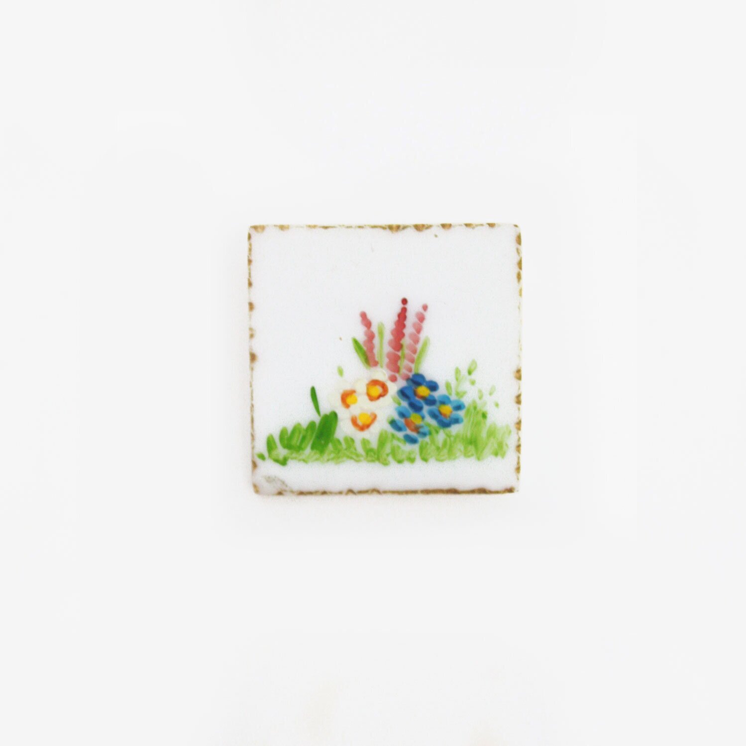 1950s Square White Hand-Painted Floral Lucite Brooch