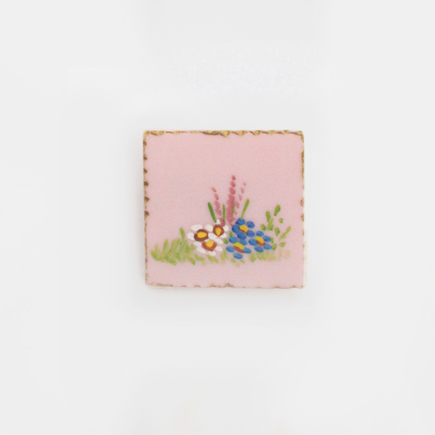 1950s Square Pink Hand-Painted Floral Lucite Brooch