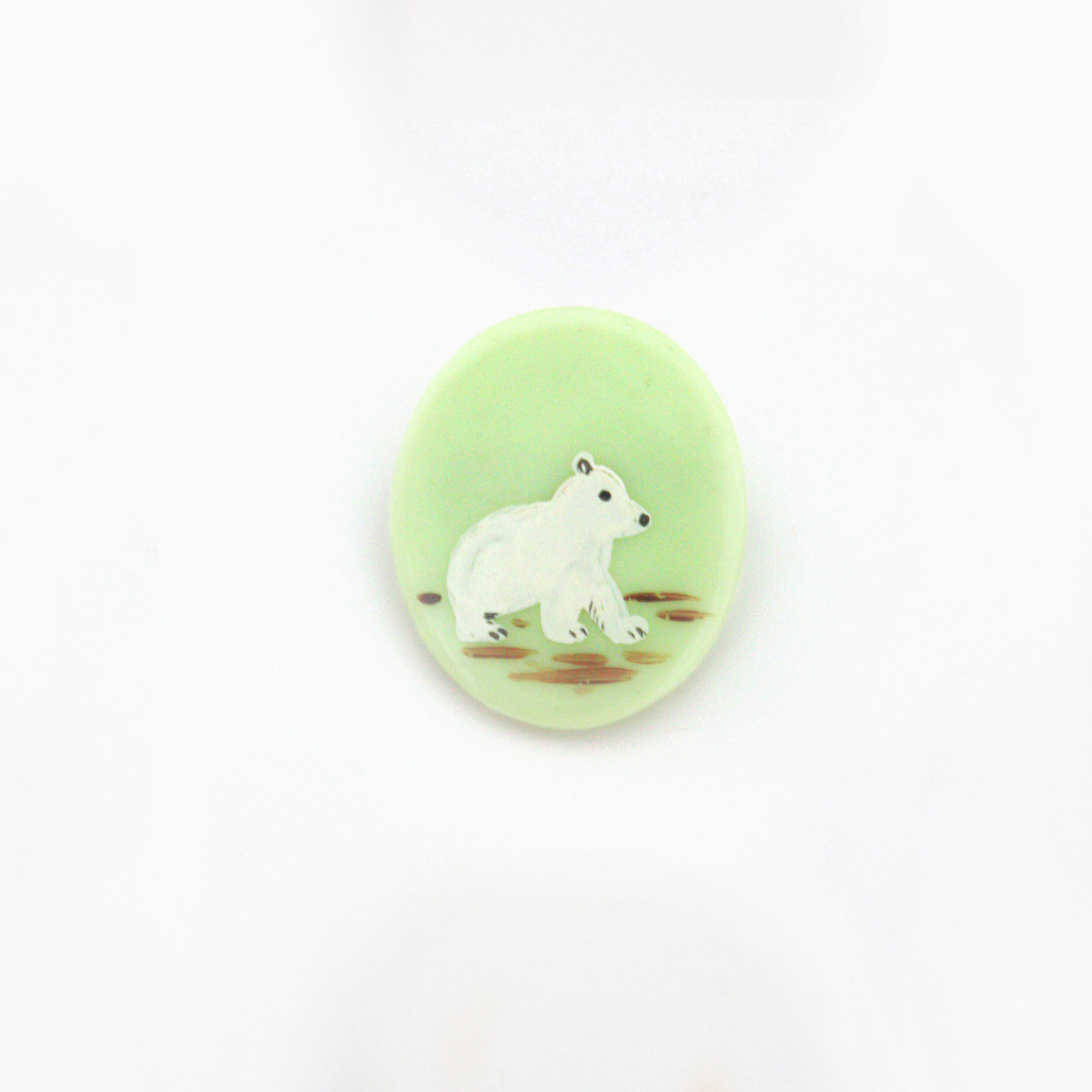 Green 1950s Hand-Painted Polar Bear Oval Lucite Brooch
