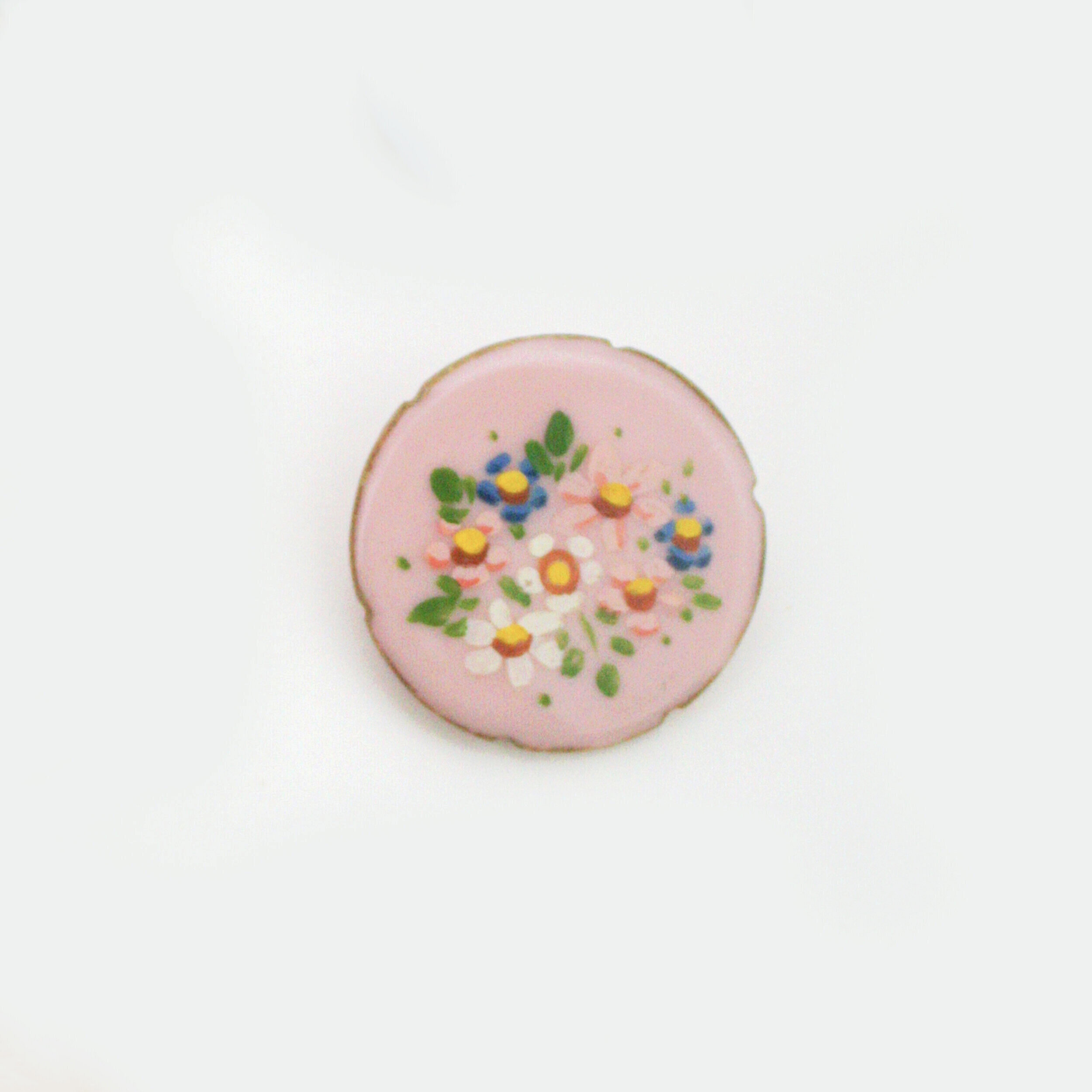 Round Hand-Painted Pink Lucite 1950s Floral Brooch