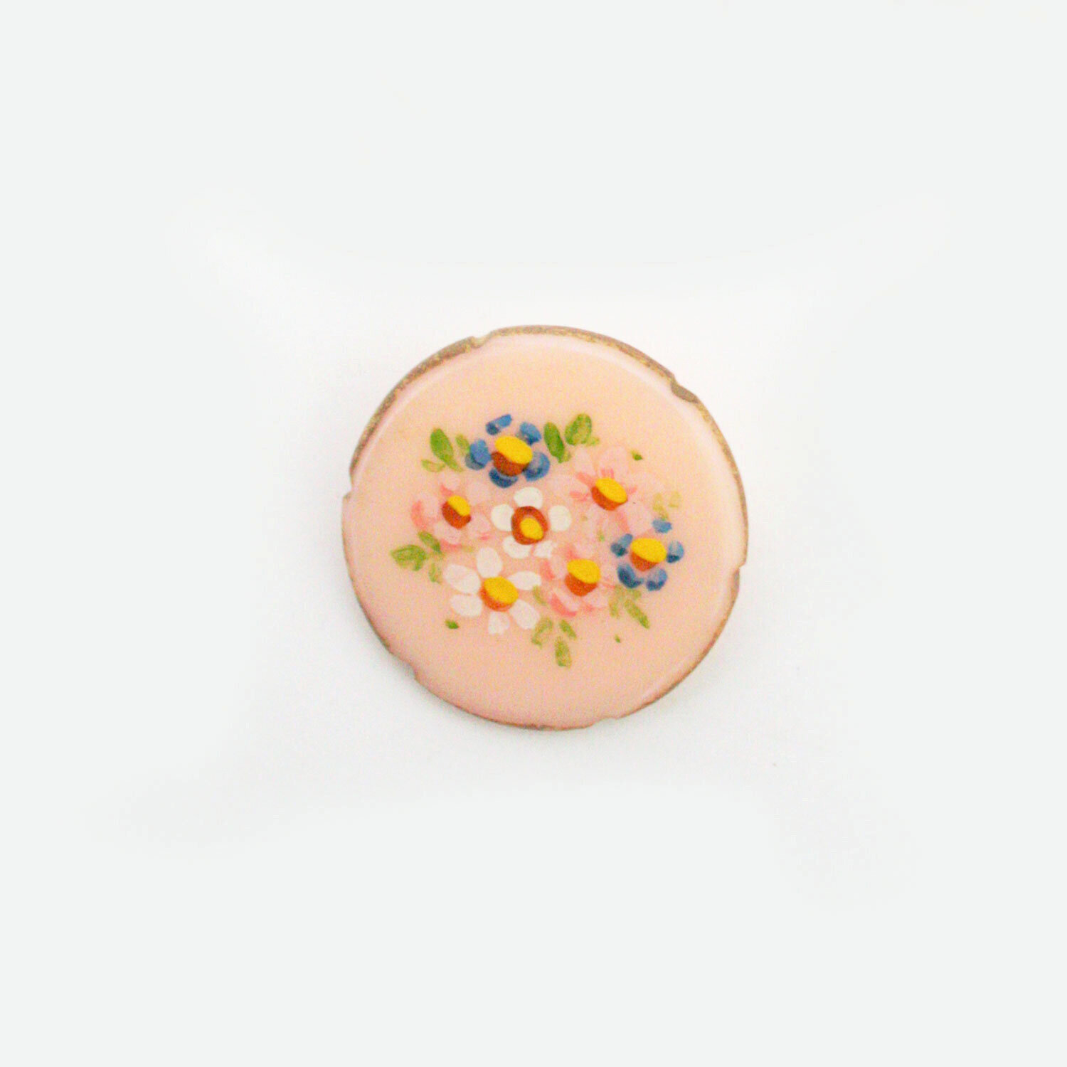 Round Hand-Painted Peach Lucite 1950s Floral Brooch