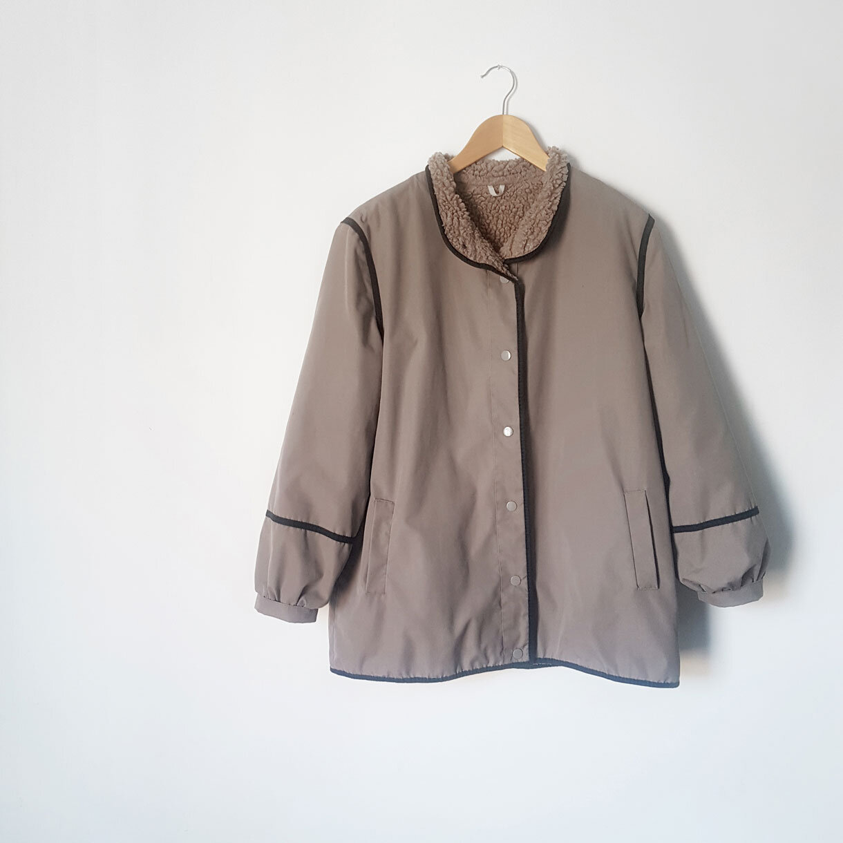 Taupe Faux Sheepskin Lined 1980s Winter Jacket