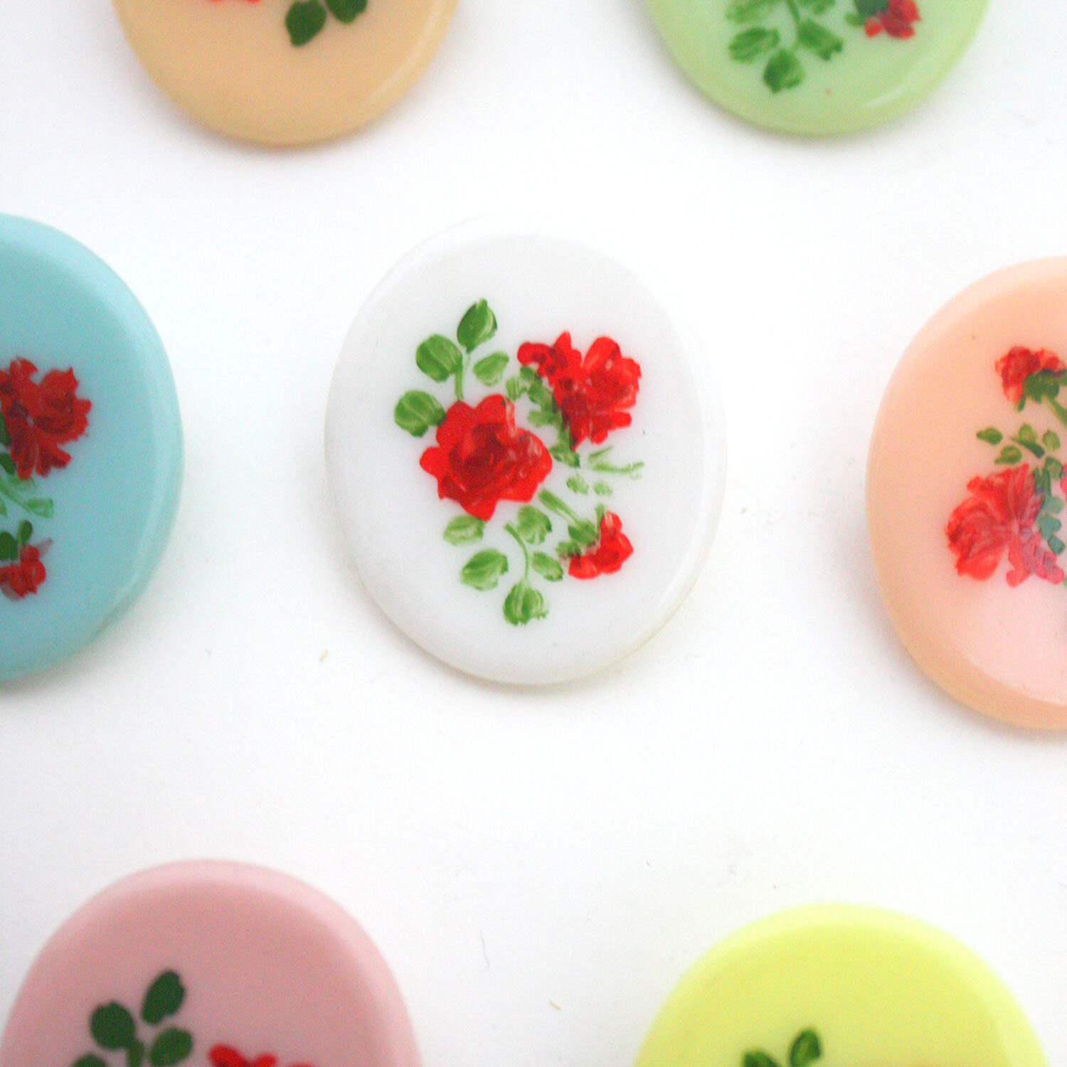 1950s Oval Hand-Painted Rose Motif Lucite Brooch, available in 7 colours