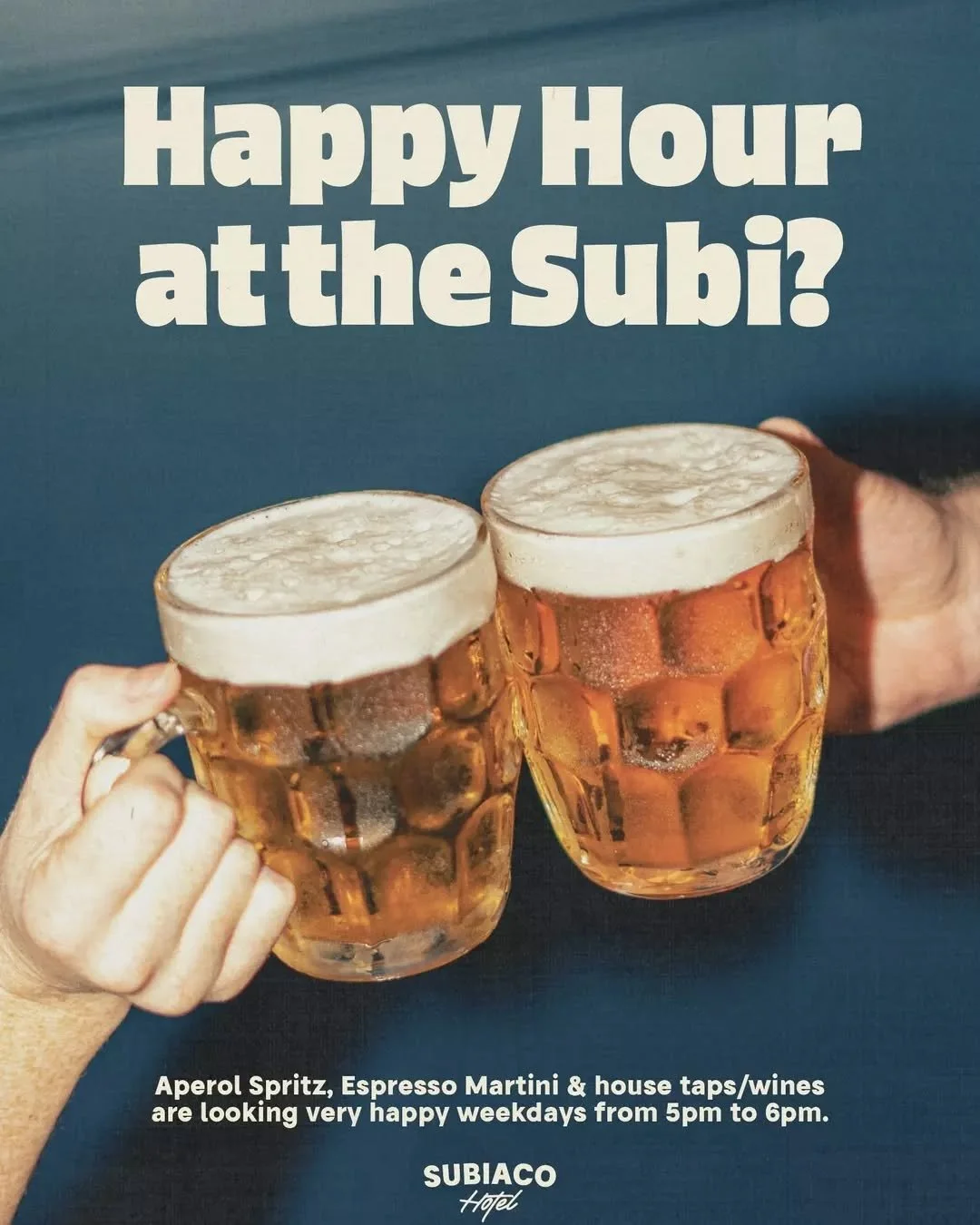 One hour of happiness, every weekday at the Subi&nbsp;✨

From&nbsp;5 to 6pm we've got specials on Aperol Spritzes, Espresso Martinis, house wines &amp; house taps!