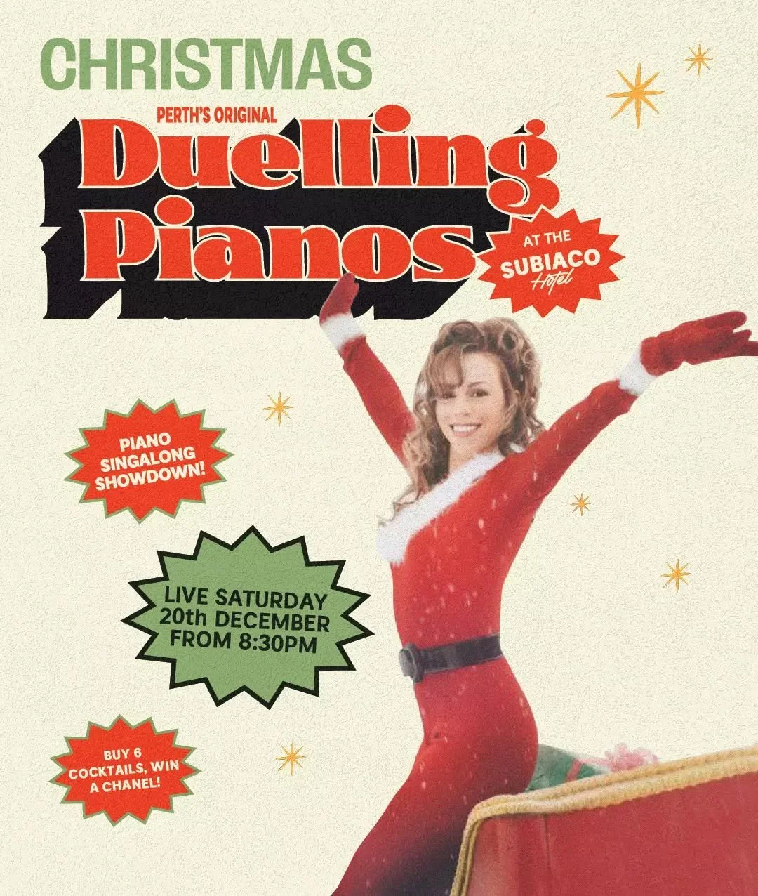 Perth's OG Duelling Pianos at the Subi is going festive ❄️

Live on Saturday Dec 20th from 8:30pm so bring your best sing-along energy for a night of Christmas tunes!