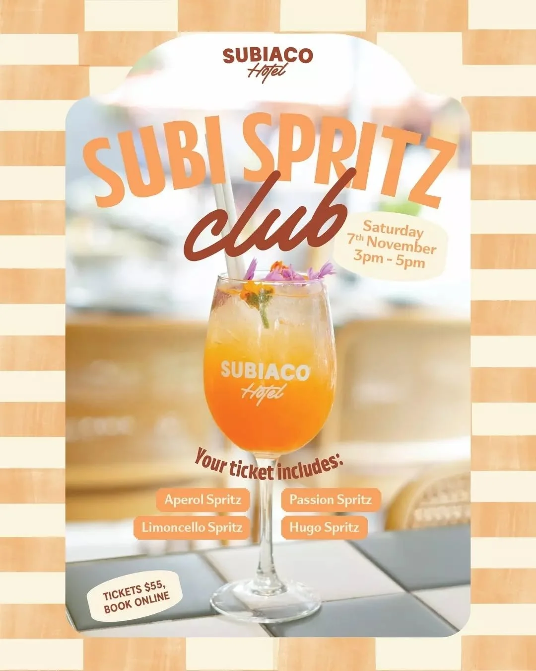 A little spritz, a little sunshine, a very good afternoon. 🥂

Introducing Subi Spritz Club! Join us in the Courtyard for four spritzes between 3pm and 5pm, Saturday 7 November. 

Gather your favourite people and make an afternoon of it at Subi. ☀️


