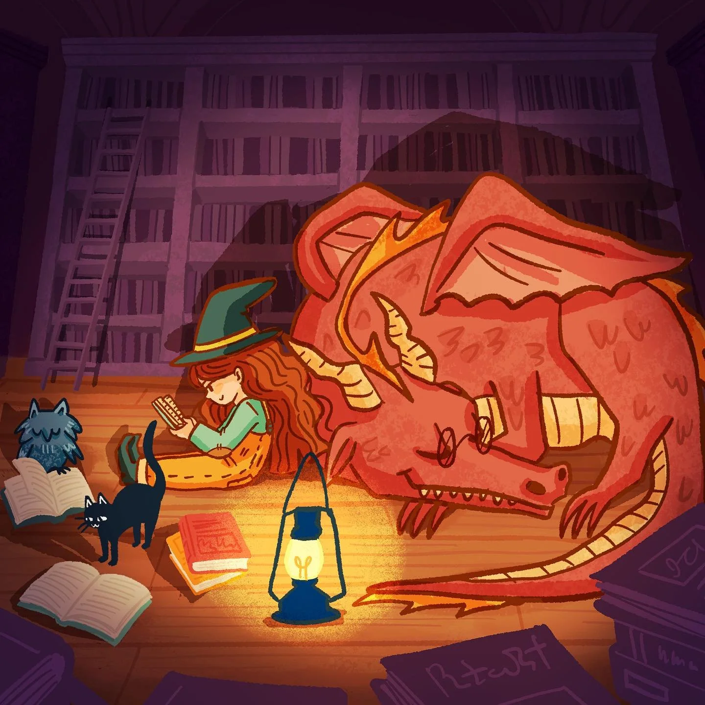 Die kleine Hexe Marla in der Bibliothek des Drachen 🐉✨ Ich werde im Hintergrund sicherlich weiter an der Hexe arbeiten, aber f&uuml;rs erste male ich jetzt mal etwas neues 🥰 #witch #witchycontent #childrensbookillustration #illustration whimsical #