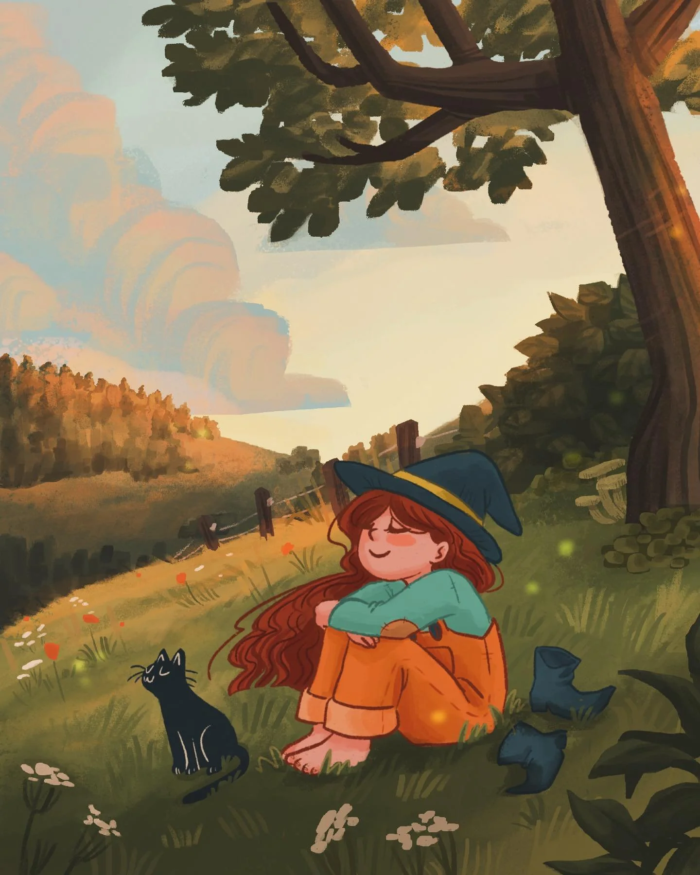 There is nothing like a summer sunset where the air feels slightly fresh✨🌾 . This is again my favourite little witch in a wonderful field. It was inspired by the prompt of week 2 of the august art challenge. ☺️ #augustadventures2025 #augustadventure