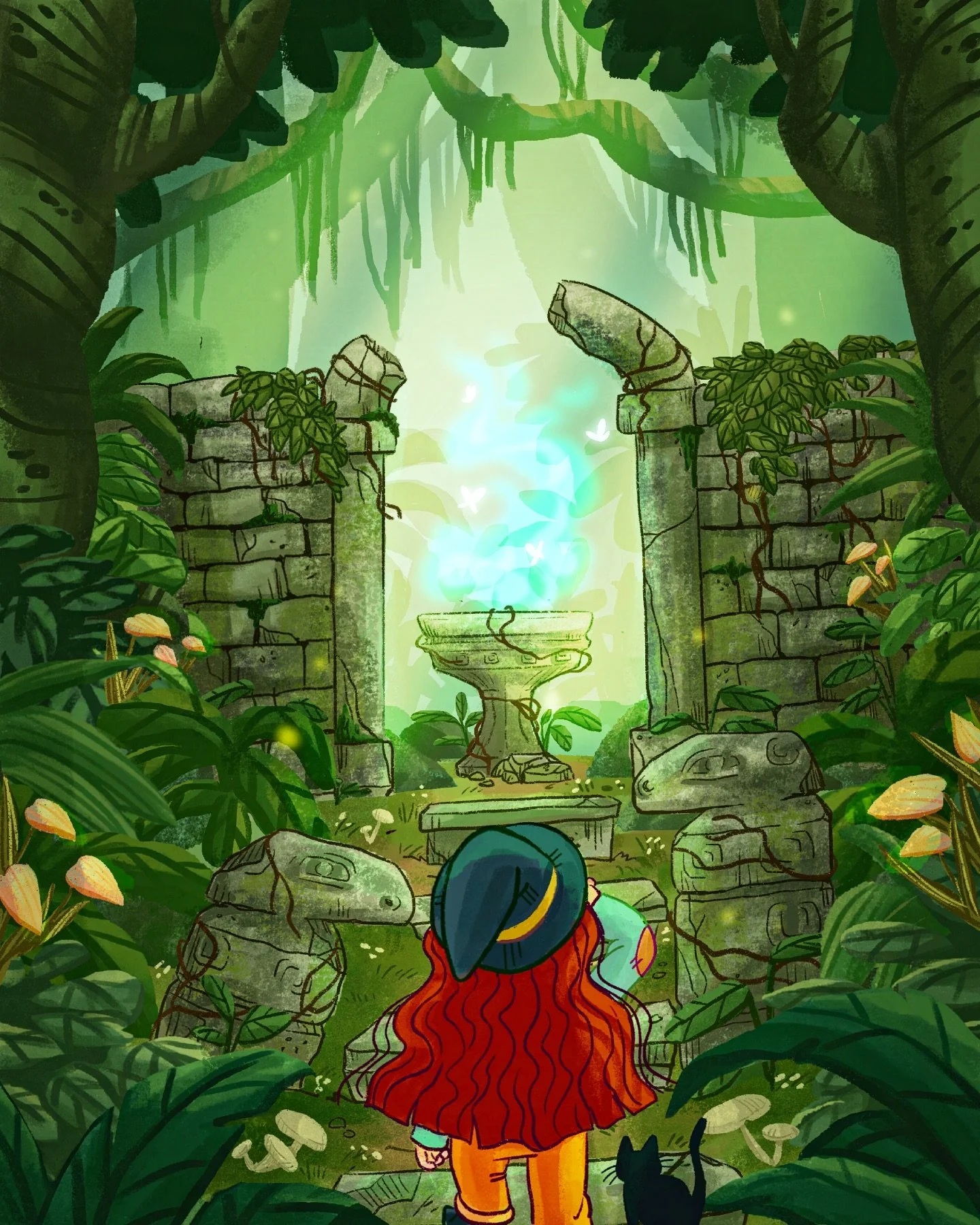 Since I am on holidays I took a little while to finish my third entry for the #augustadventures2025 challenge ☺️ This is a mysterious moment for the witch. She and her cat friend look for the ancient fountain deep in the jungle woods. #augustadventur