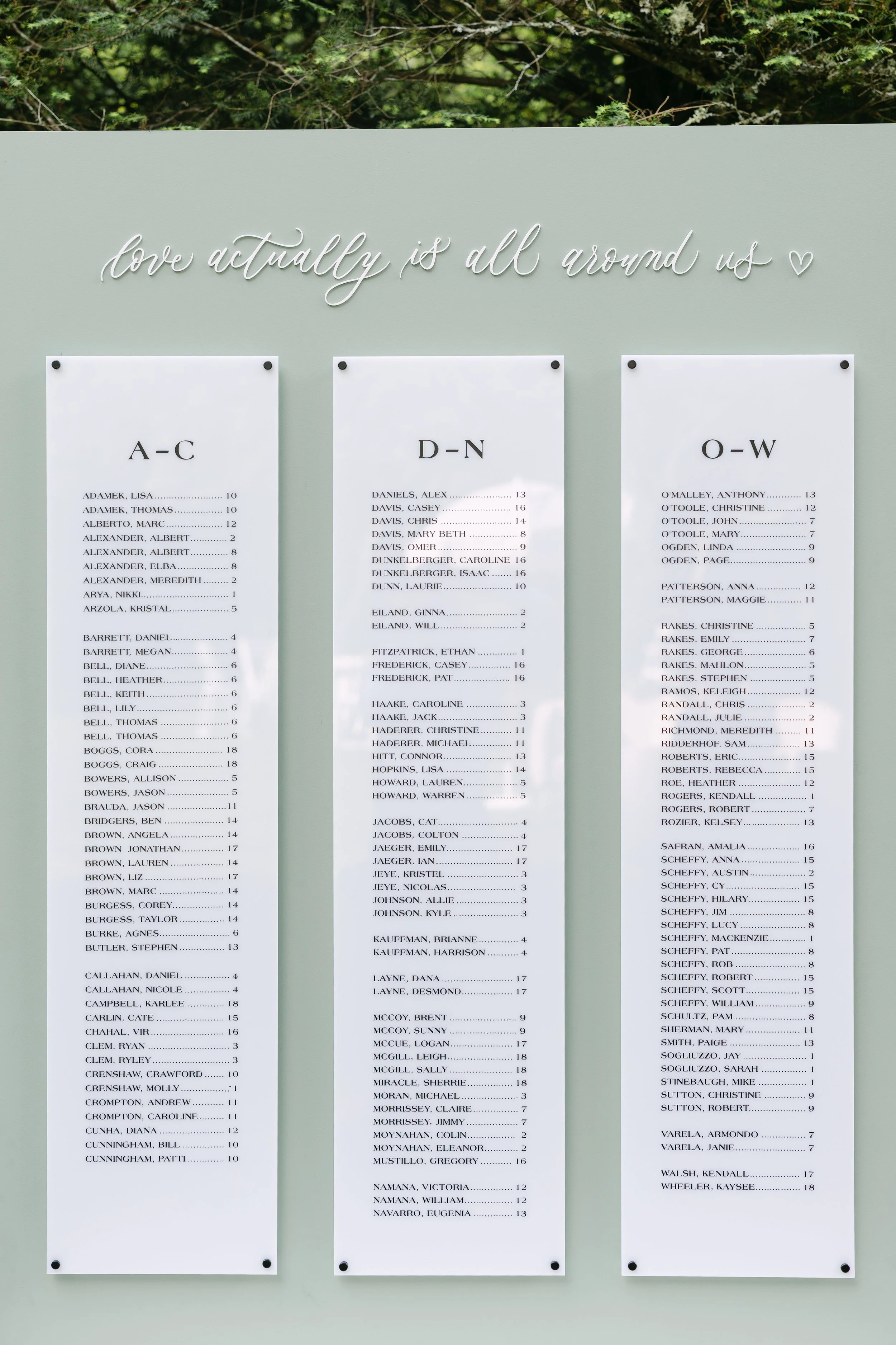 A wedding or event seating chart with three columns of names and table numbers on a light green background. A decorative sign above reads 'love actually is all around us' with a heart symbol.
