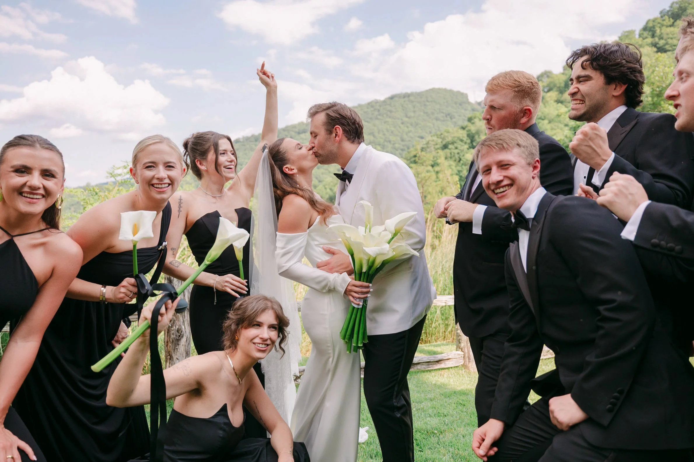 A wedding celebration outdoors with the bride and groom kissing, surrounded by smiling bridesmaids and groomsmen, with lush green hills and a partly cloudy sky in the background.