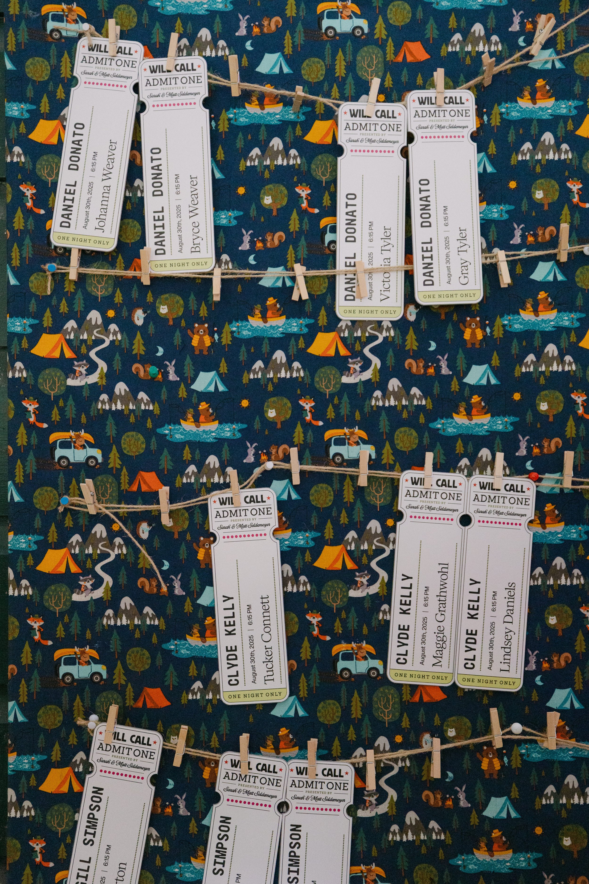 A background with a camping and outdoor adventure theme featuring trees, mountains, lakes, and animals like foxes, squirrels, raccoons, and bears, with tents, boats, and campers.