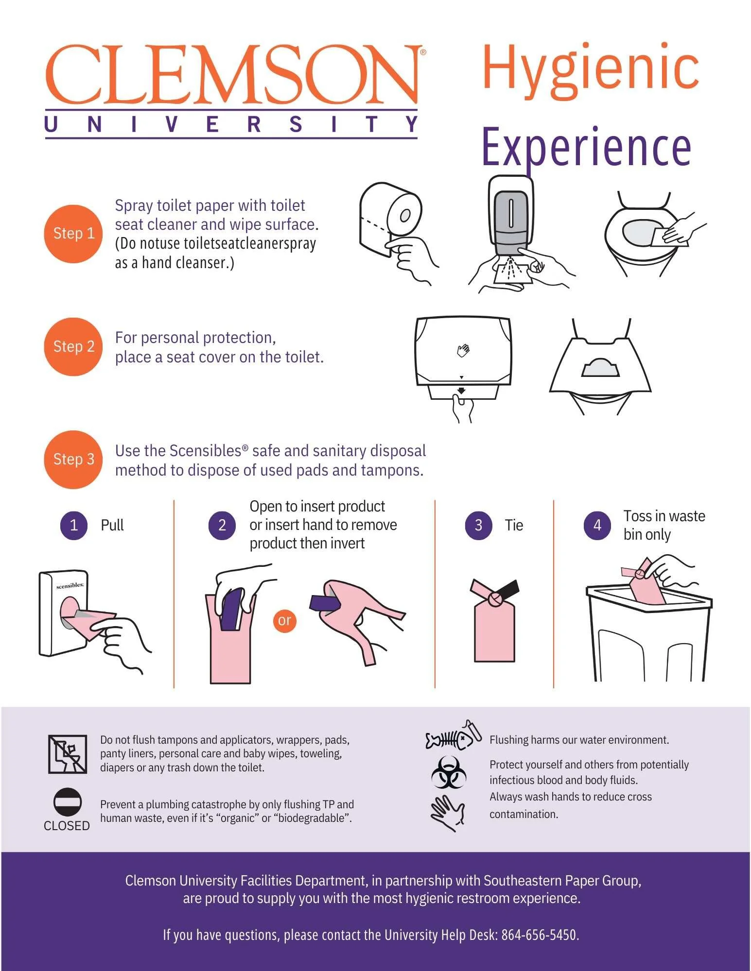 Instructions for hygienic toilet use, including spraying with toilet paper, placing a seat cover, and proper disposal of used pads and tampons.