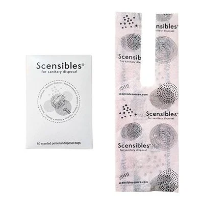 Pack of 50 scented personal disposal bags by Scensibles, with one bag showing circular design to provide discretion and mask what's inside the period disposal bag.