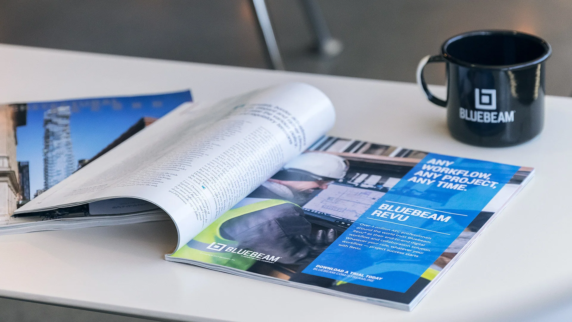 Print campaign featuring new logo, type, palette and the addition of people. Paired with Bluebeam mug for internal brand rollout