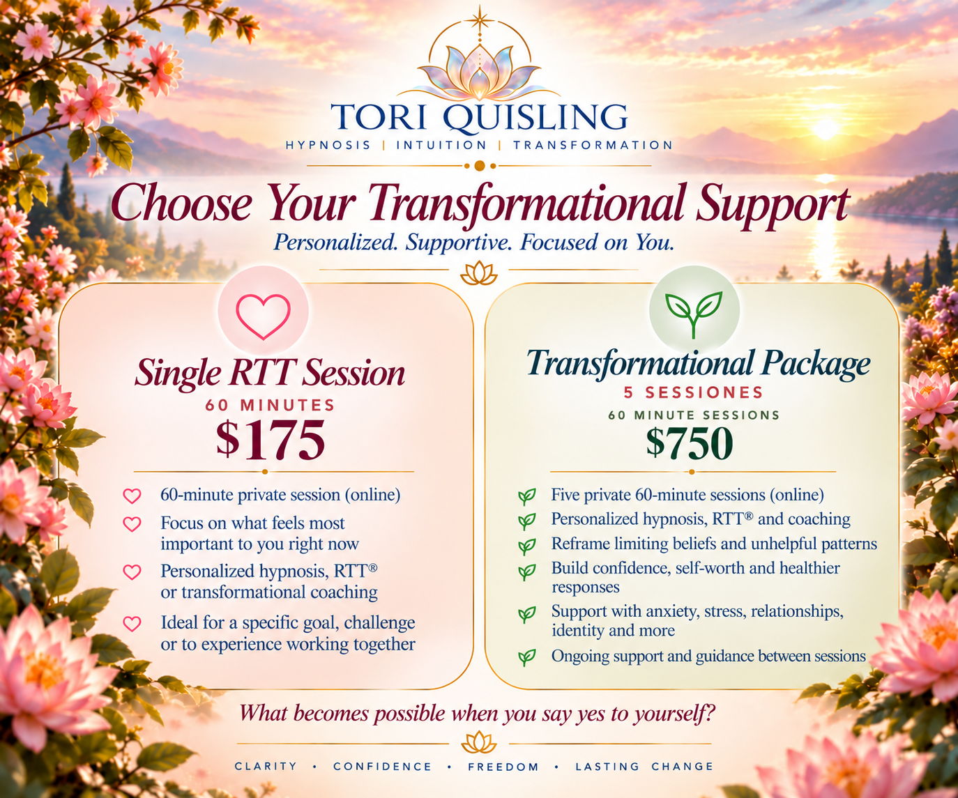 Tori Quisling RTT hypnotherapy and transformational coaching pricing: $175 single 60-minute RTT session or $750 five-session transformational support package.