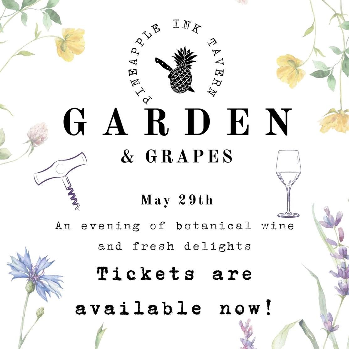 🍷🎟️ Join us May 29th for an enchanting evening at Pineapple Ink Tavern's 'Garden and Grapes' event! 🌿🍇 Savor exquisite wines and fresh culinary delights in a botanical paradise. Get your tickets on Eventbrite today! **LINK IN BIO** 

#GardenAndGr