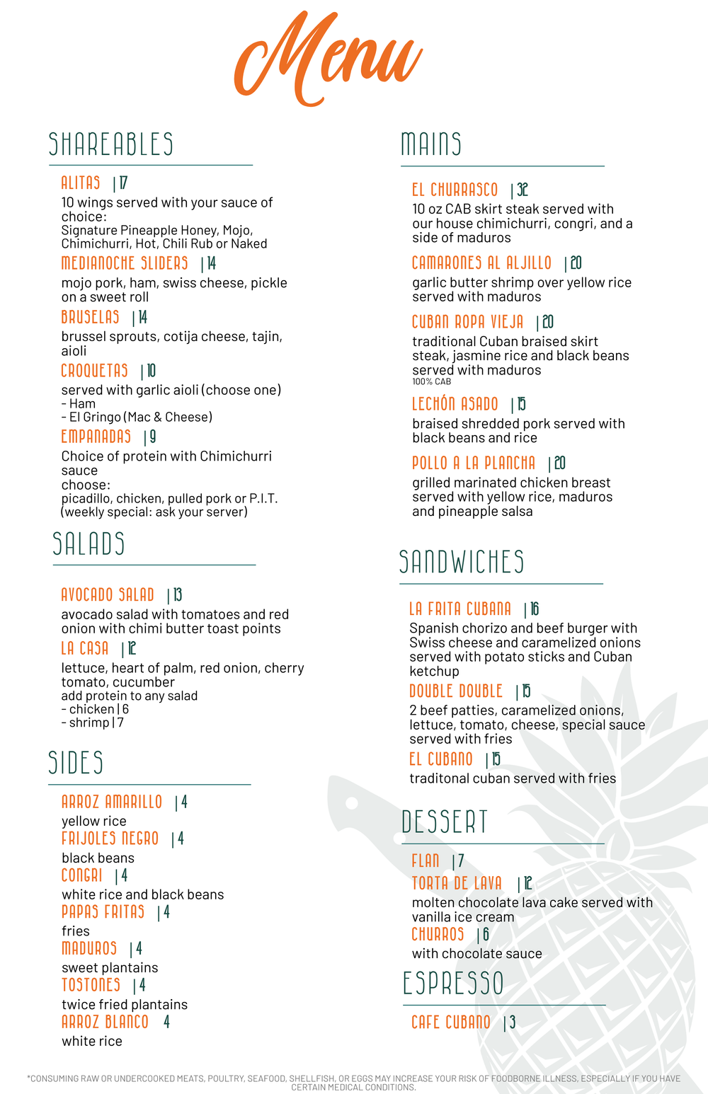Food Menu — Pineapple Ink Tavern