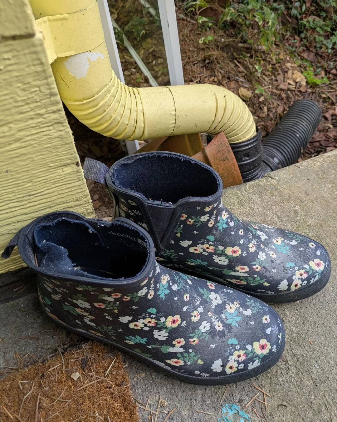 A very Dillaway scene: well-loved floral wellies, a broken pot being repurposed as a gutter support, and a little bit of chipping paint. Wouldn't change a thing.