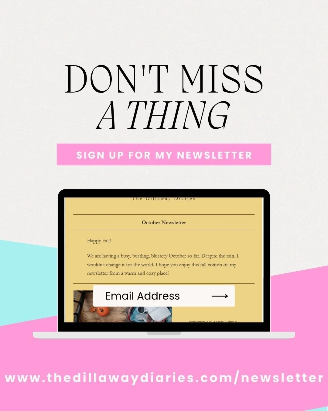 Sign up for my quarterly newsletter today! No spam, I promise. Just four editions a year, chock full of book updates, bonus content, and my five faves! Link in bio or at www.thedillawaydiaries.com/newsletter.