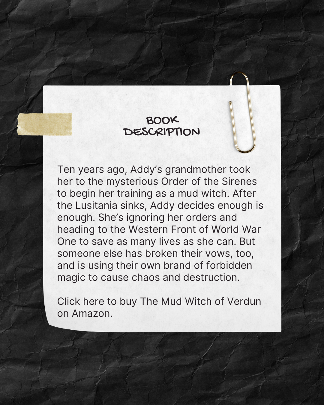 A paper note with a book description attached with a binder clip and tape, against black crumpled paper background.