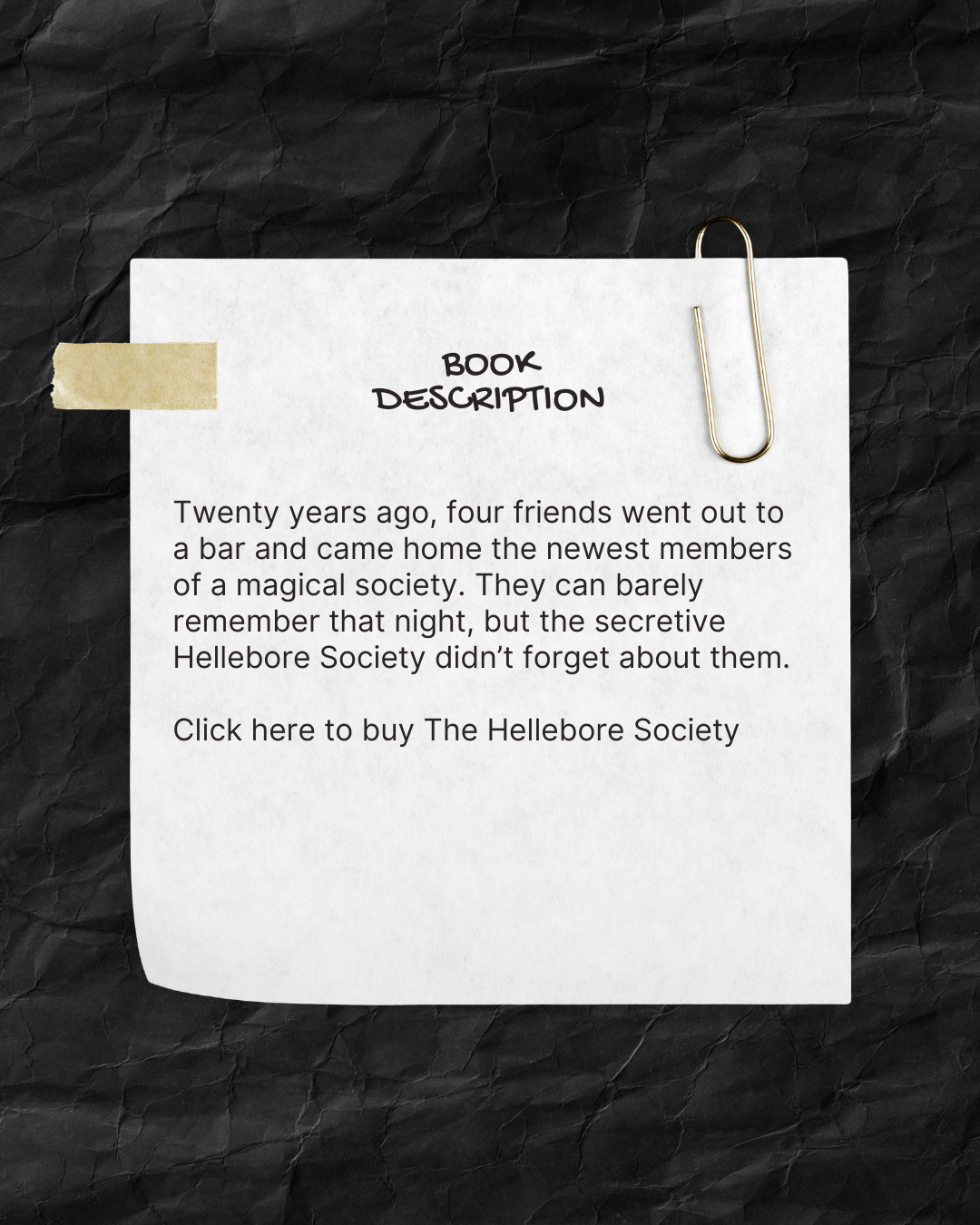 A printed book description on a white sheet of paper pinned to black crumpled paper with a gold paperclip.