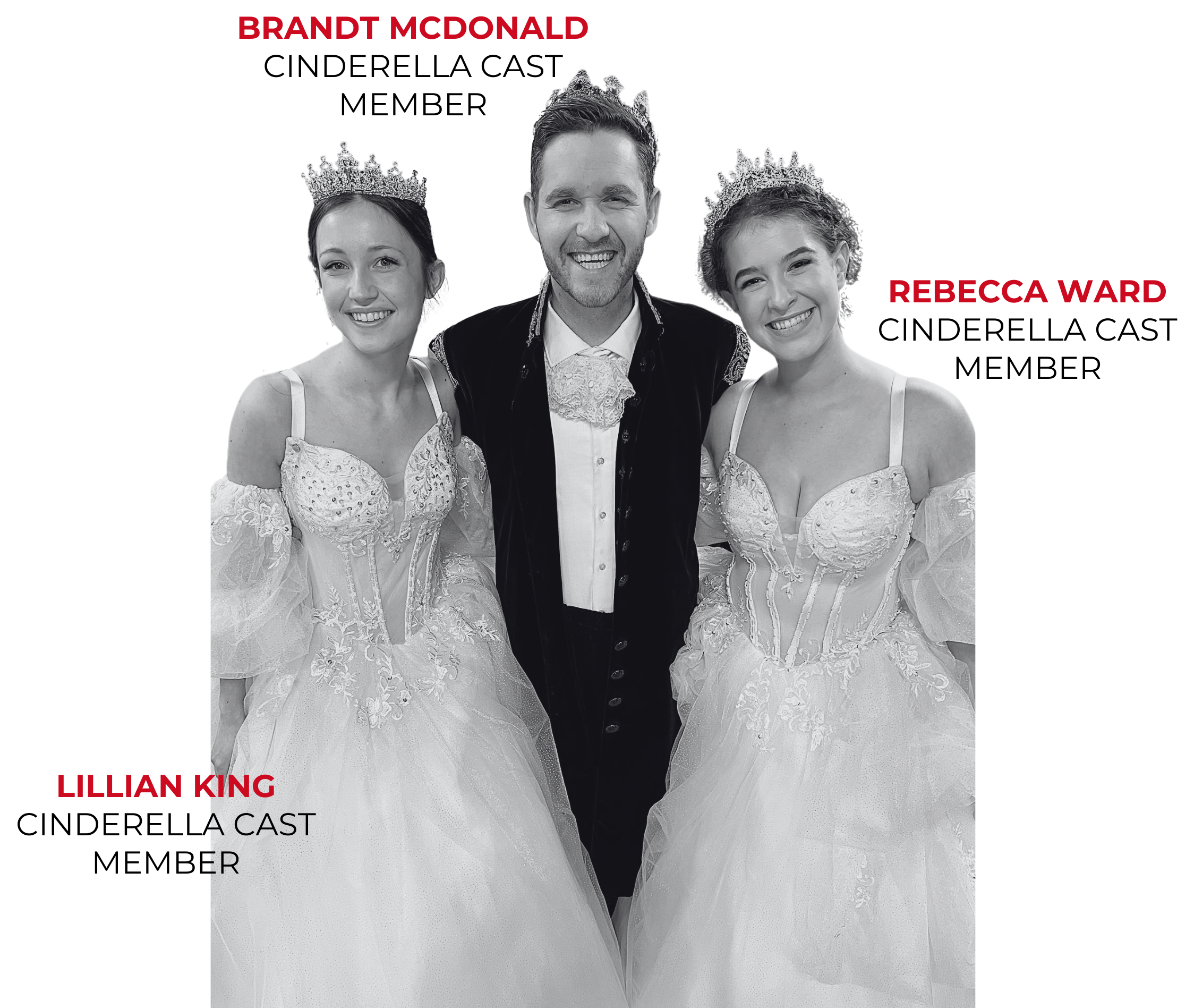 Lillian King and Rebecca Ward as Ella stand with Brandt McDonald as Prince Topher in Batesville Community Theatre’s Rodgers and Hammerstein’s Cinderella, smiling in costume with crowns and wedding dresses.