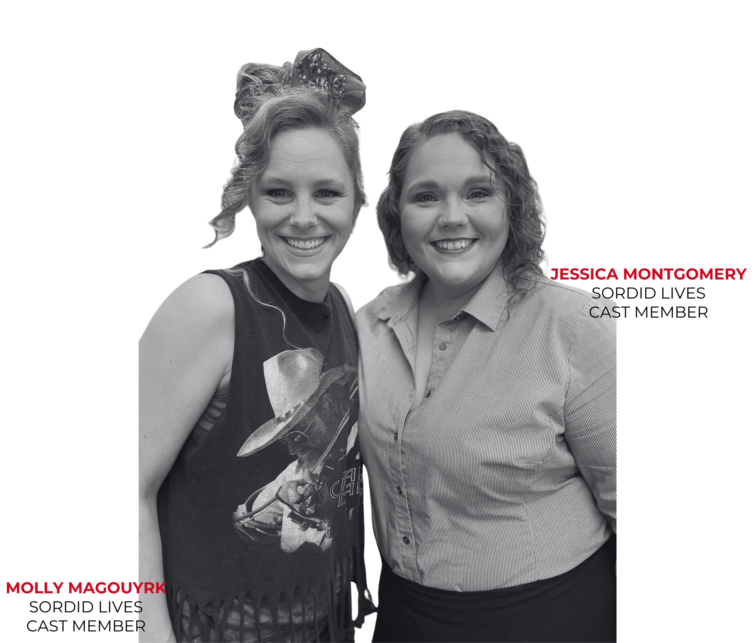 Two women smiling, one wearing a sleeveless graphic top, and the other in a button-up shirt. Text labels identify them as Molly Magourk and Jessica Montgomery.