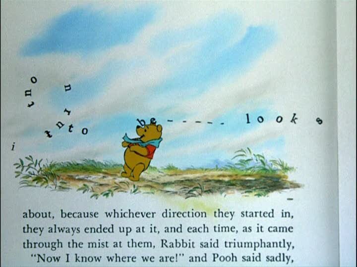 Disney's The Many Adventures of Winnie the Pooh (1977)_the wind blows the words off the page of the book to swirl around Winnie the Pooh