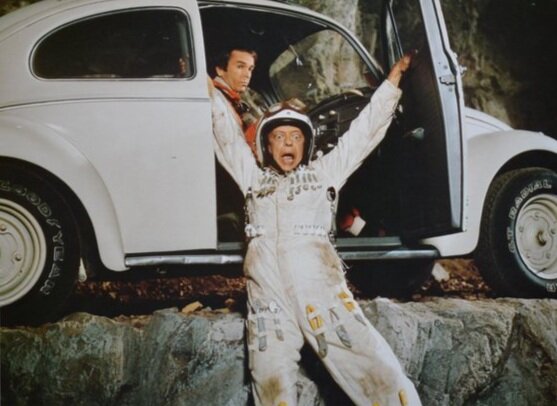 Disney's Herbie Goes to Monte Carlo (1977)_Don Knotts as Wheely nearly falls out of Herbie