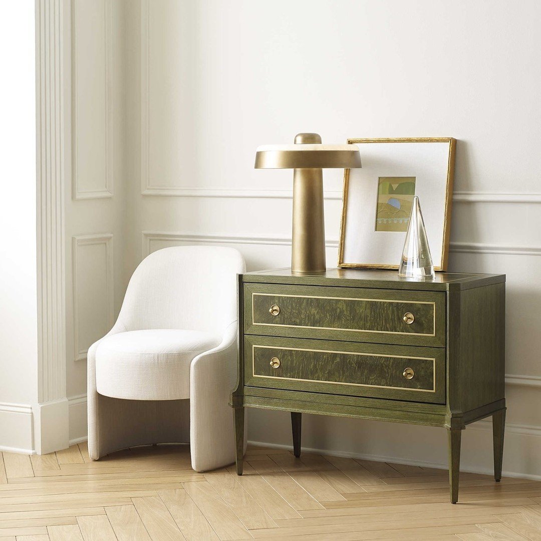 Whether used as an accent chest or a bedside table, The Green with Envy Chest is certain to turn heads. Defined by elegant Regency lines, this oak cabinet features generously sized storage drawers embellished by custom solid brass pulls and center pa