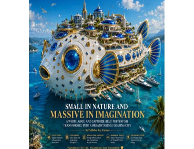 SMALL IN NATURE…MASSIVE IN IMAGINATION :A White, Gold and Sapphire-Blue Pufferfish Transformed into a Breathtaking Floating City