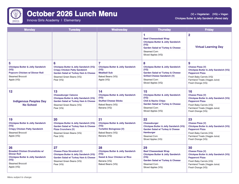 Lunch Menu October 2026