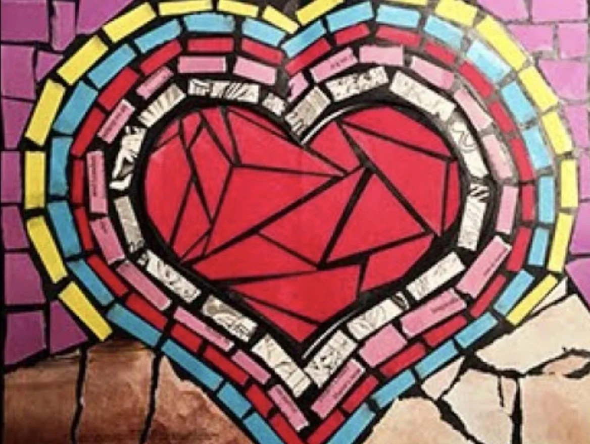 Colorful mosaic heart with geometric patterns