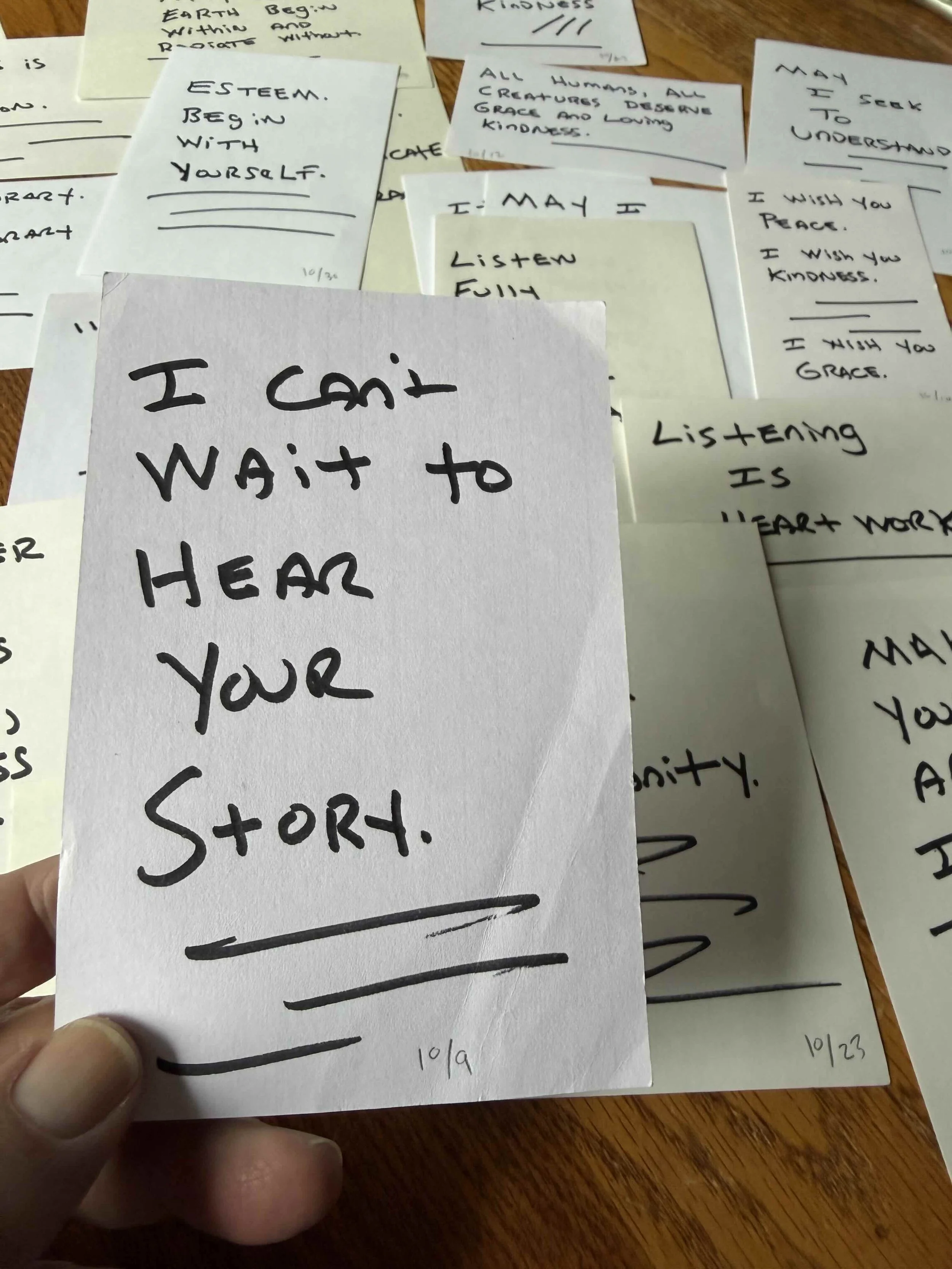 Index cards with handwritten reflections and intentions.