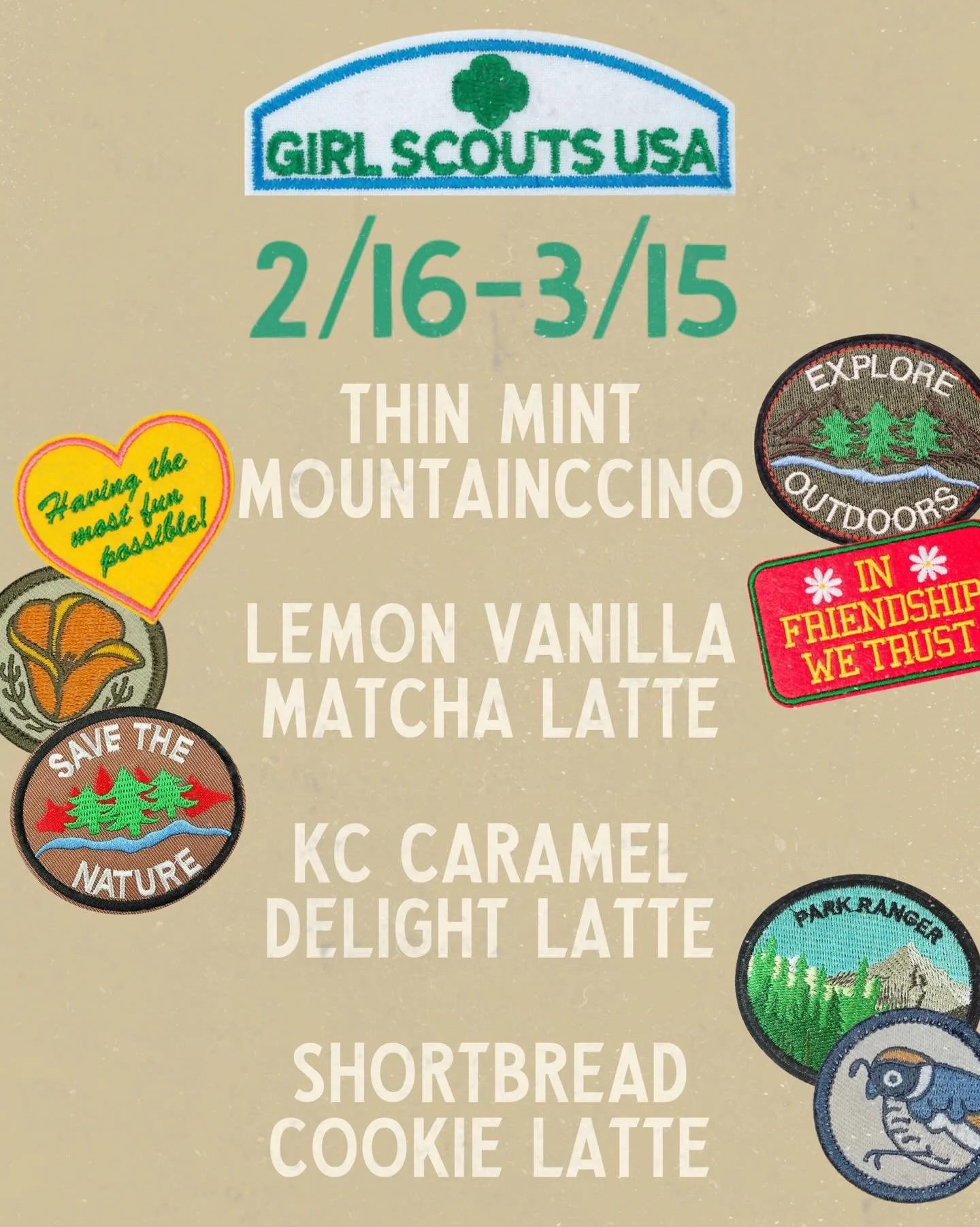 THEY&rsquo;RE BACK!💚🍪 Your two favorite Girl Scout Cookie Lattes from last year are returning for a month, plus TWO NEW LATTES! Are you team Thin Mints, Lemonades, Caramel Delights, or Trefoils? Earn a patch for each one you try😏