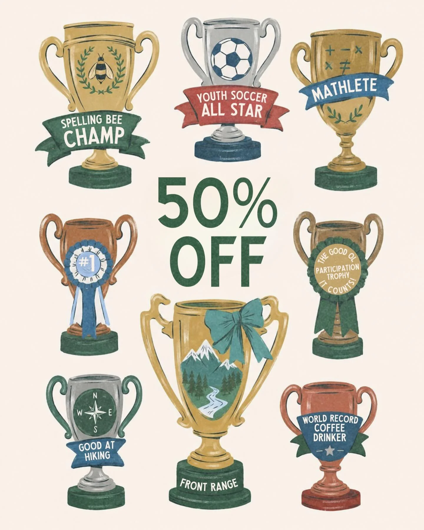 Last chance to get half off your drink!☕️ Bring in any kind of trophy to the new Lee&rsquo;s Summit Front Range for 50% off! Give your old trophy new life and help us decorate⛰️ Promo ends tonight!!!