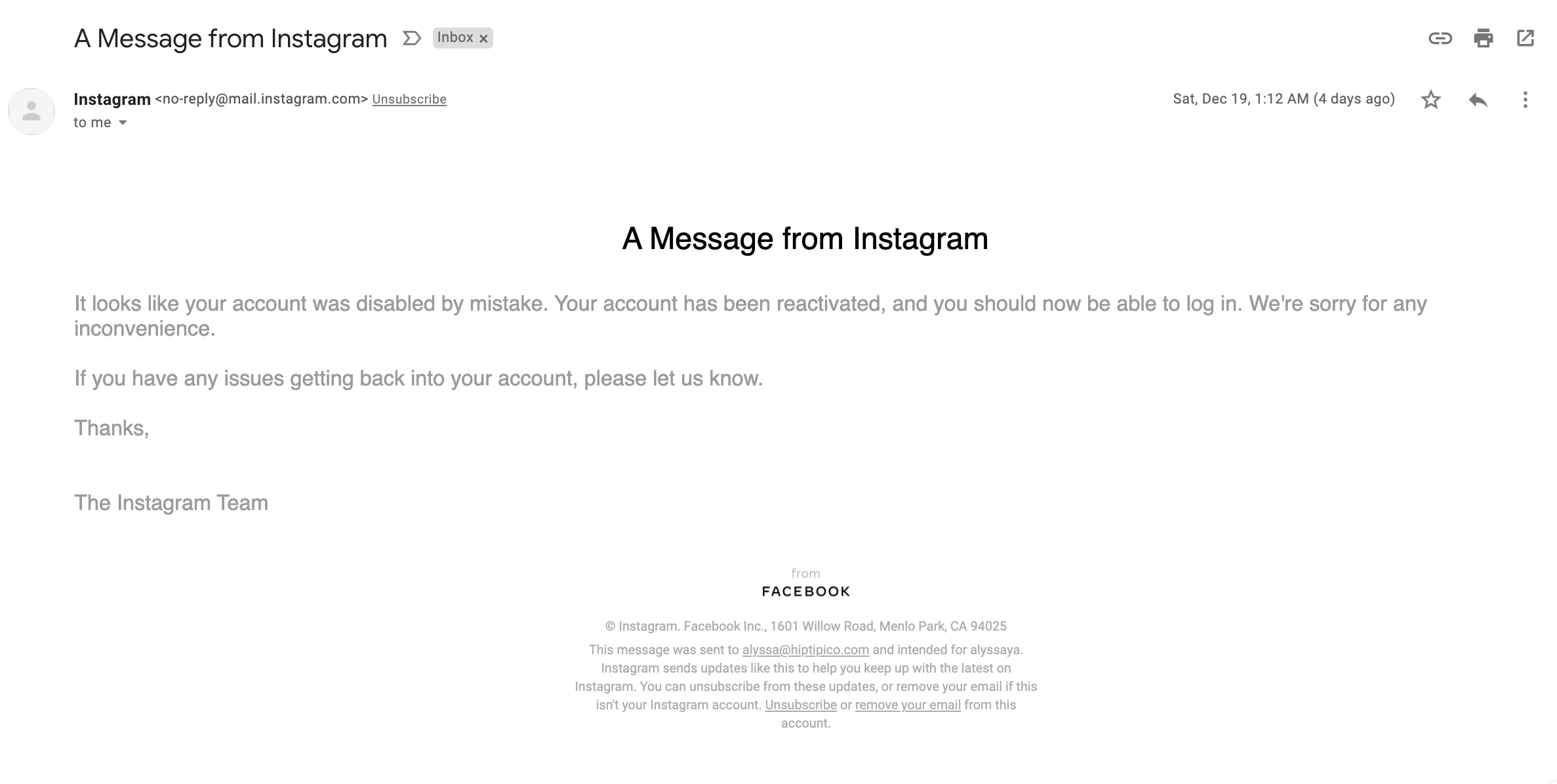 Nachricht von Instagram Fehler
