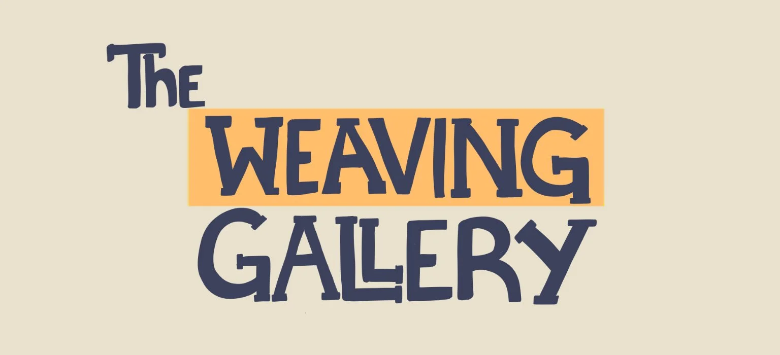 Text reading 'The Weaving Gallery' with a beige background and contrasting navy and orange colors.