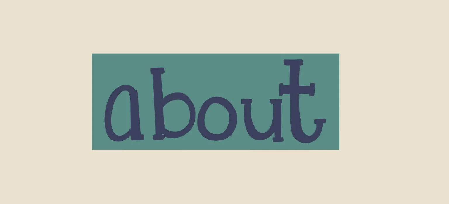 Graphic with the word 'about' in large, dark blue letters on a teal rectangular background, on a light beige background.