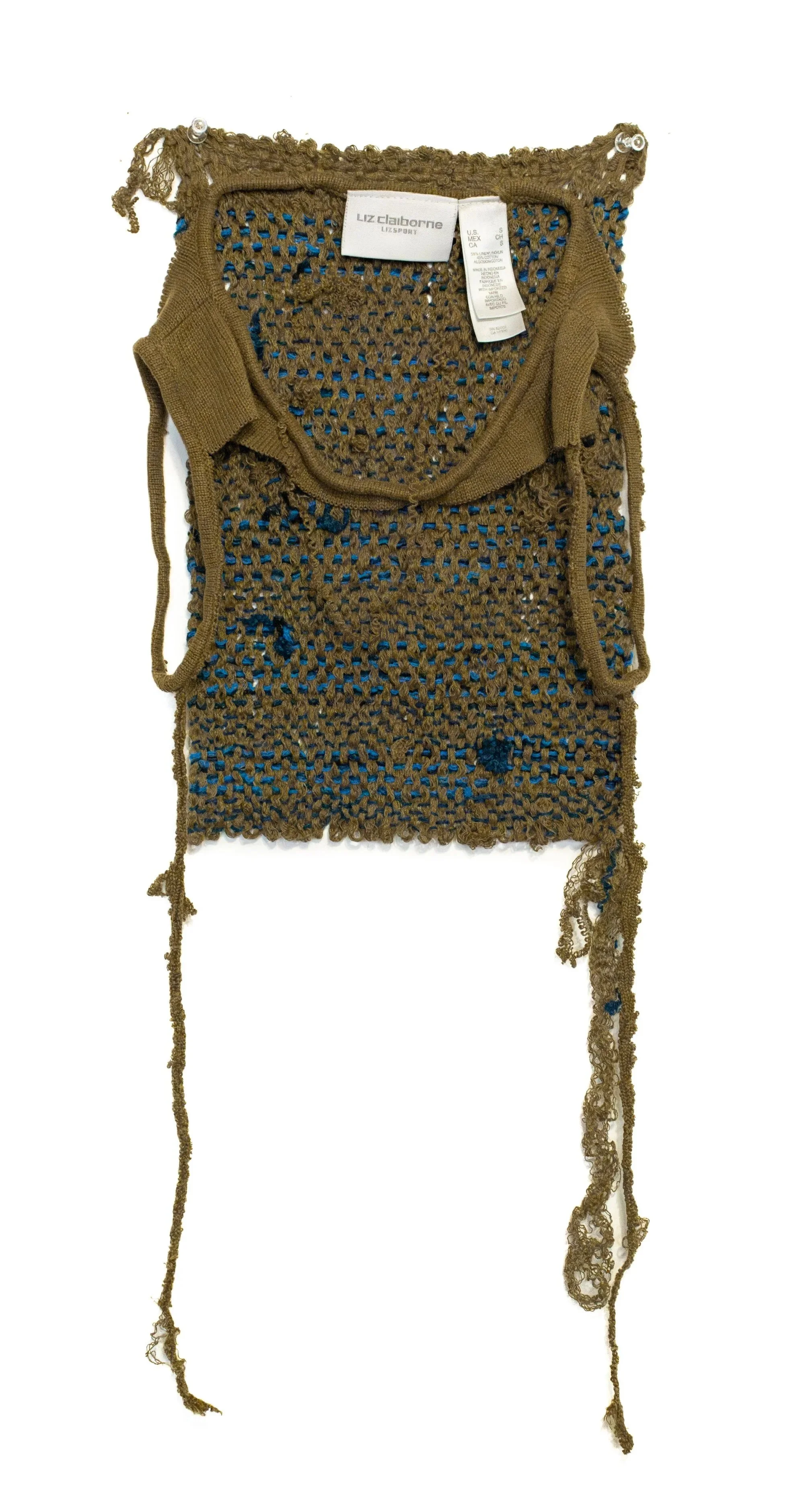 Small scale weaving made from Bibbs's grandmother's green knit shirt and her grandfathers blue sweater