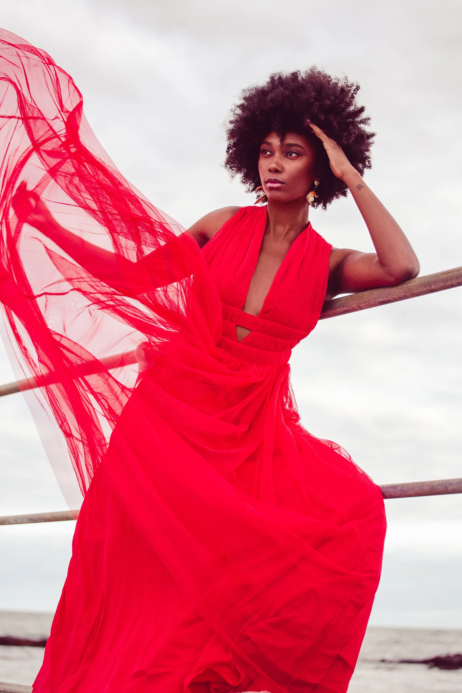 Person in a flowing red dress leaning on a railing with a cloudy sky background.