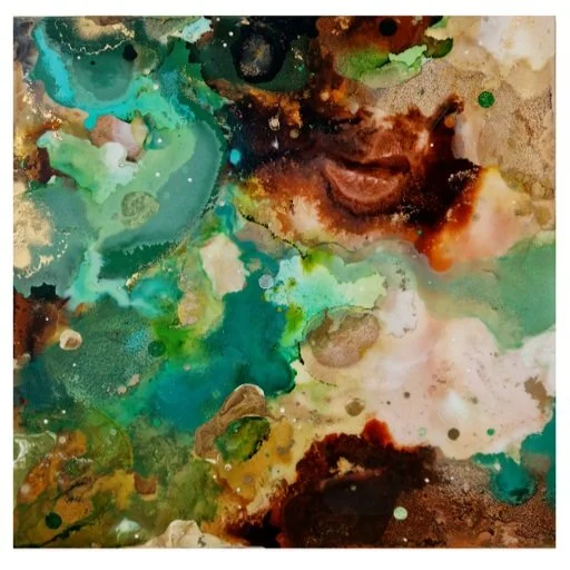 Abstract epoxy resin painting with splashes of green, blue, brown, black, and white. Abstract forest inspired green resin mixed media artwork created by UK based artist Katie Alize. London Essex Chelmsford
