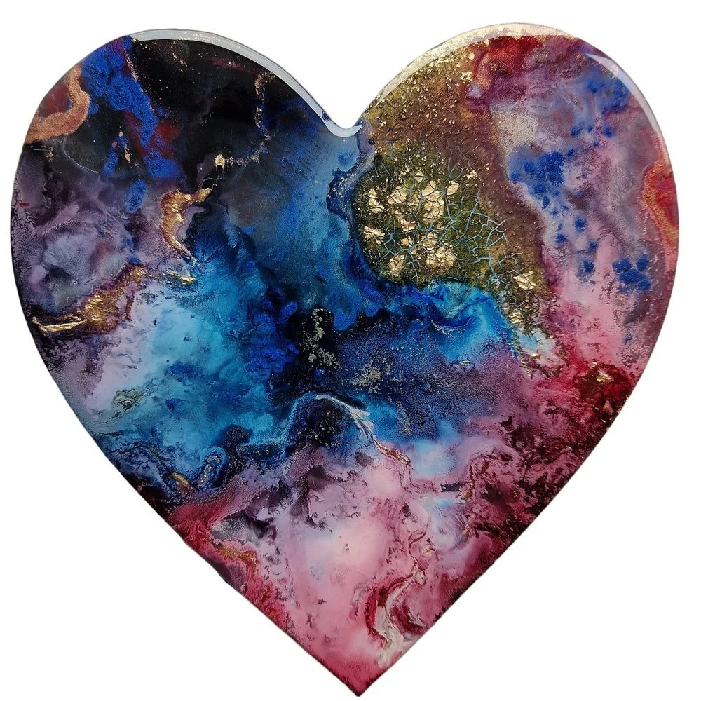 A heart-shaped abstract painting with swirling shades of blue, pink, purple, black, and gold accents.