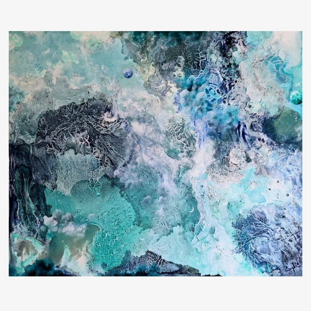 Abstract blue, teal, gray, and white painting. Original bespoke abstract artwork created by artist Katie Alize, based in UK, Essex, London. Blame The Moon - Moon abstract art, moon art, abstract landscape