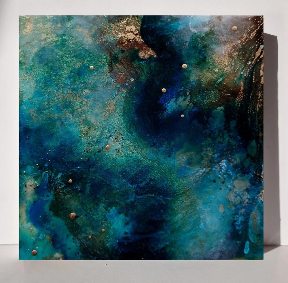 Blue resin abstract art with shades of blue, white, and black, ocean resin art, ocean epoxy art, ocean art, coastal decor, coastal art. Original bespoke abstract artwork created by artist Katie Alize, based in UK, Essex, London.