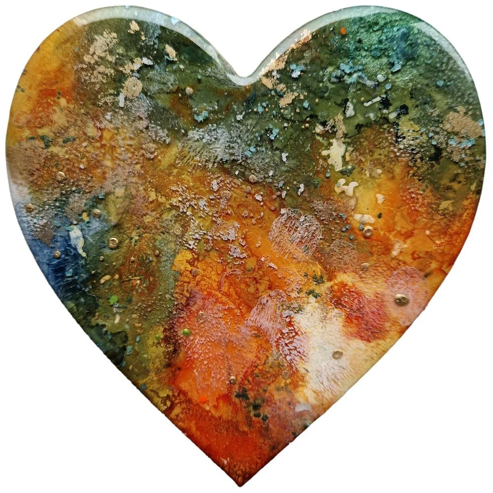 Abstract resin heart painting with pink, purple, black, and gold. Original bespoke abstract resin ink and mixed media artwork created by artist Katie Alize, based in UK, Essex, London.