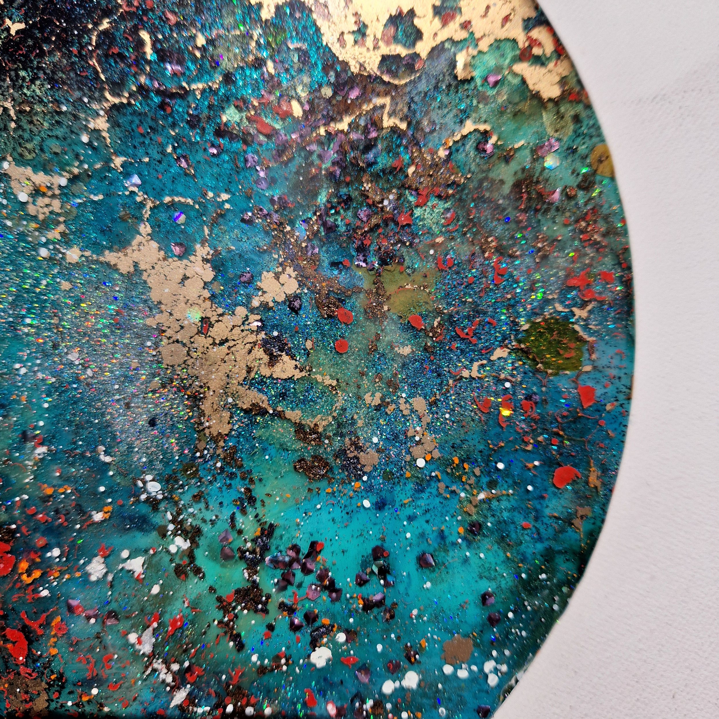 Nature-inspired resin mixed media circle wall art with organic textures & vibrant hues.